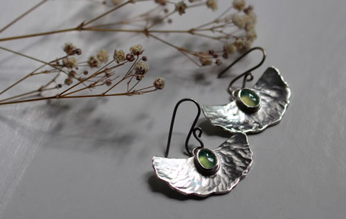 Pond lily, water lily leaf earrings in silver and chrysoprase