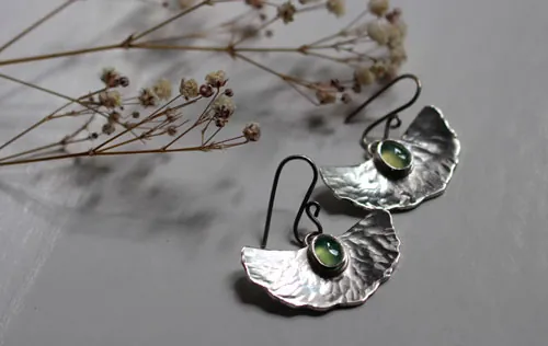 Pond lily, water lily leaf earrings in silver and chrysoprase