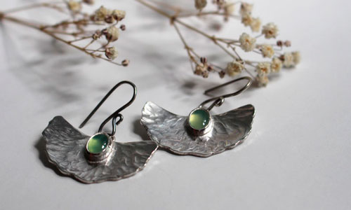 Pond lily, water lily leaf earrings in silver and chrysoprase
