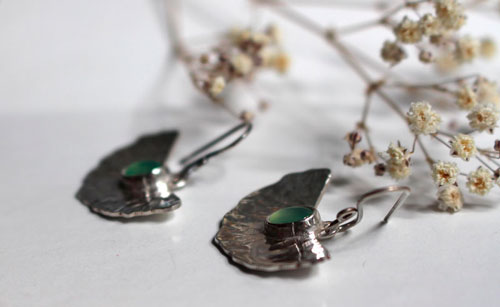 Pond lily, water lily leaf earrings in silver and chrysoprase