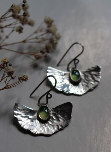 Pond lily, water lily leaf earrings in silver and chrysoprase