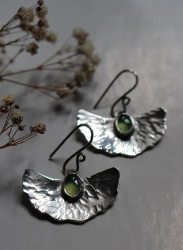 Pond lily, water lily leaf earrings in silver and chrysoprase