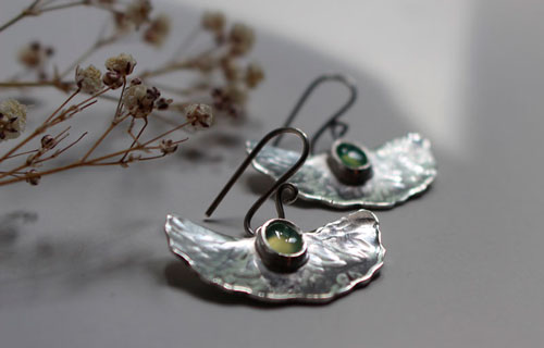 Pond lily, water lily leaf earrings in silver and chrysoprase