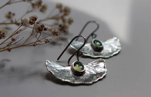 Pond lily, water lily leaf earrings in silver and chrysoprase