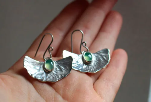 Pond lily, water lily leaf earrings in silver and chrysoprase