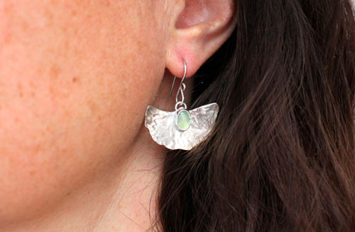 Pond lily, water lily leaf earrings in silver and chrysoprase
