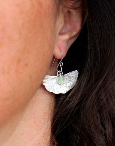 Pond lily, water lily leaf earrings in silver and chrysoprase