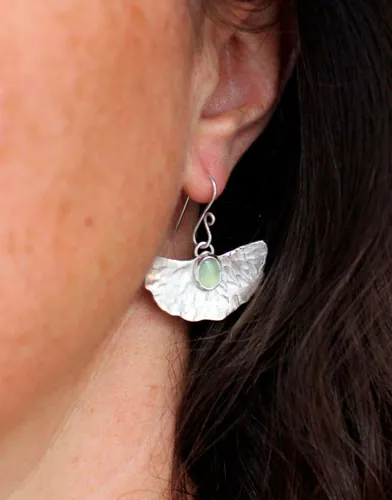 Pond lily, water lily leaf earrings in silver and chrysoprase