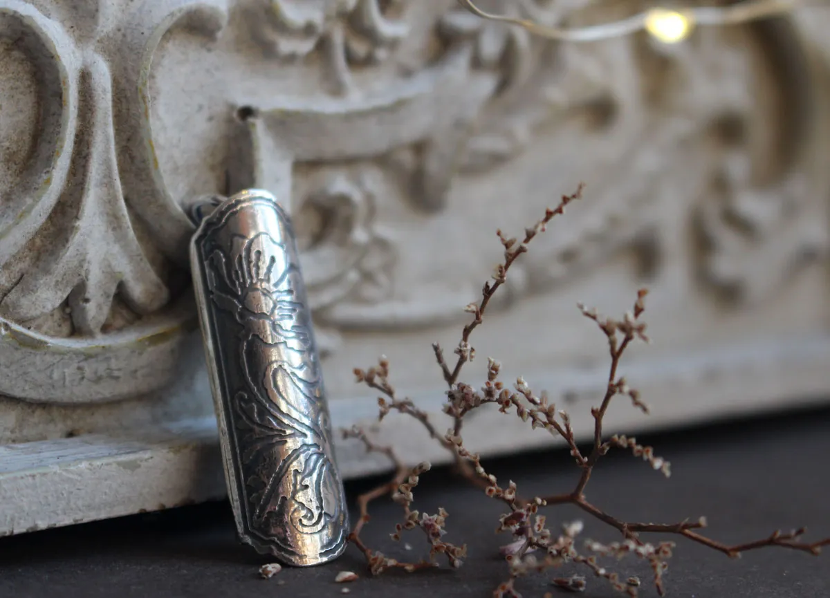 Poppy flower case, tubular botanical and aromatherapy pendant in silver