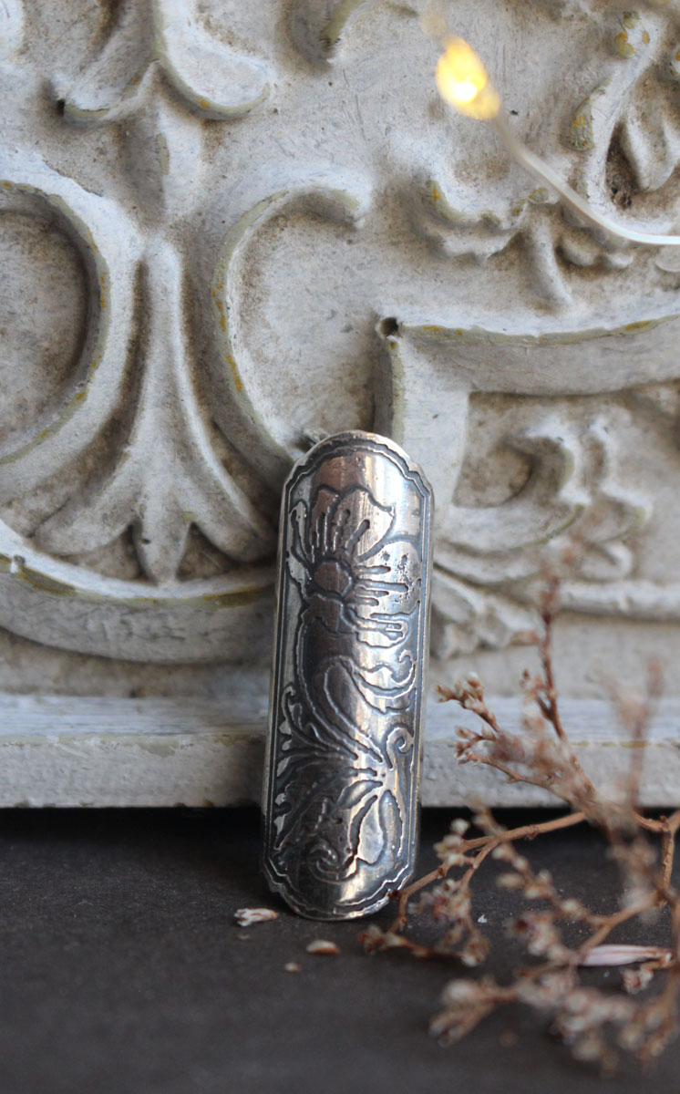 Poppy flower case, tubular botanical and aromatherapy pendant in silver