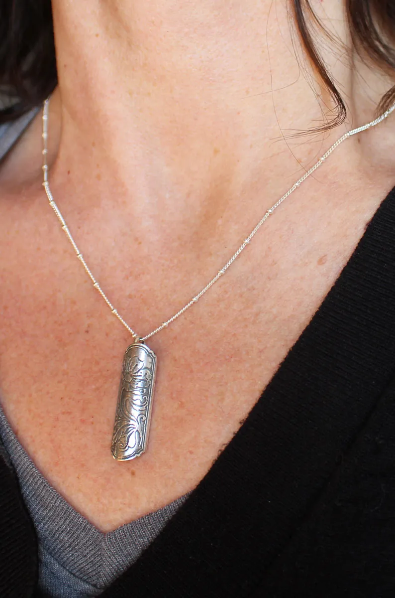 Poppy flower case, tubular botanical and aromatherapy pendant in silver