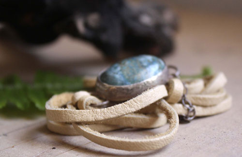 Poseidon, raging sea bracelet in silver, leather, and chrysocolla