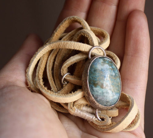Poseidon, raging sea bracelet in silver, leather, and chrysocolla