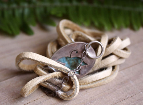 Poseidon, raging sea bracelet in silver, leather, and chrysocolla