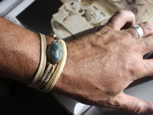 Poseidon, raging sea bracelet in silver, leather, and chrysocolla