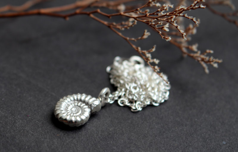 Promicroceras ammonite, paleontology fossil necklace in sterling silver