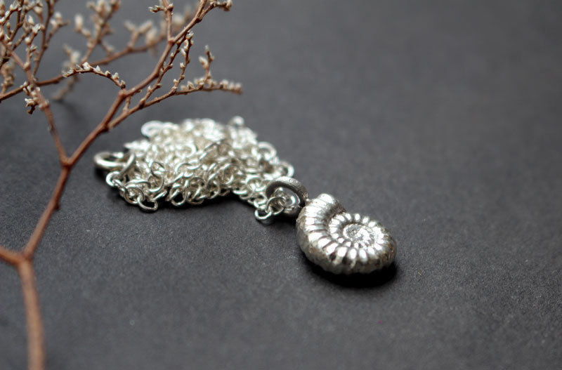 Promicroceras ammonite, paleontology fossil necklace in sterling silver