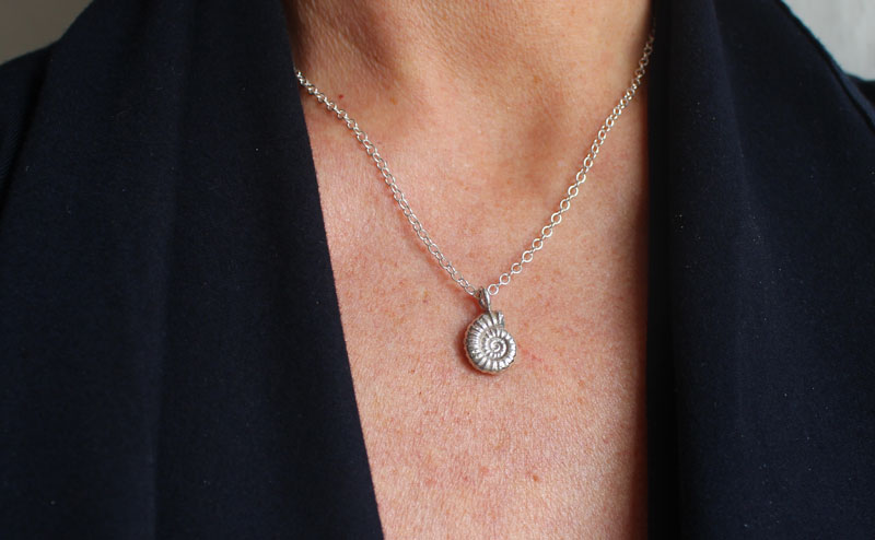 Promicroceras ammonite, paleontology fossil necklace in sterling silver