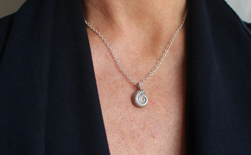 Promicroceras Ammonite, paleontology fossil necklace in sterling silver
