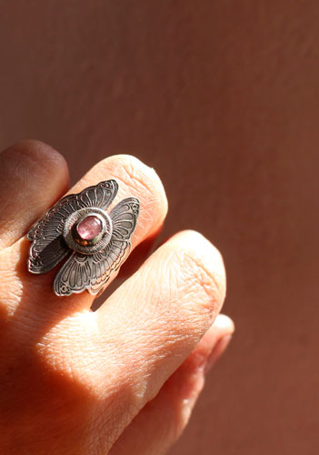 Psyche, loving butterflies ring in silver and pink sapphire
