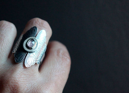 Psyche, loving butterflies ring in silver and pink sapphire