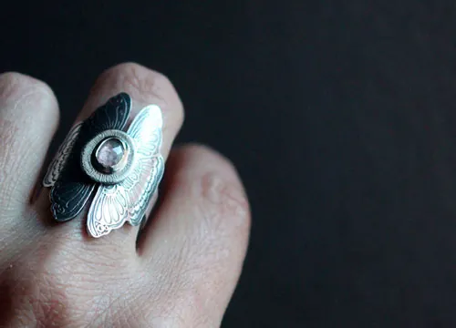 Psyche, loving butterflies ring in silver and pink sapphire