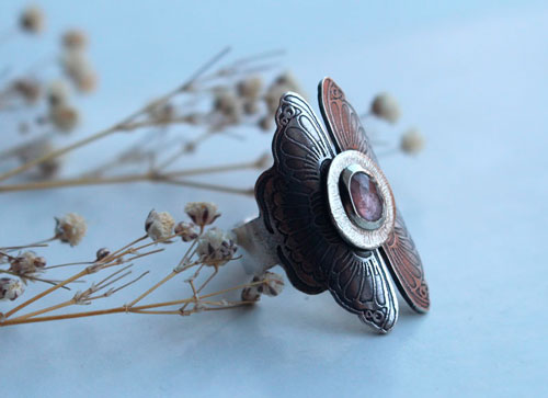 Psyche, loving butterflies ring in silver and pink sapphire
