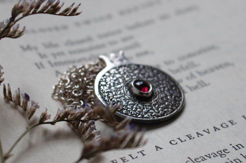 Persephone, pomegranate necklace in silver and garnet