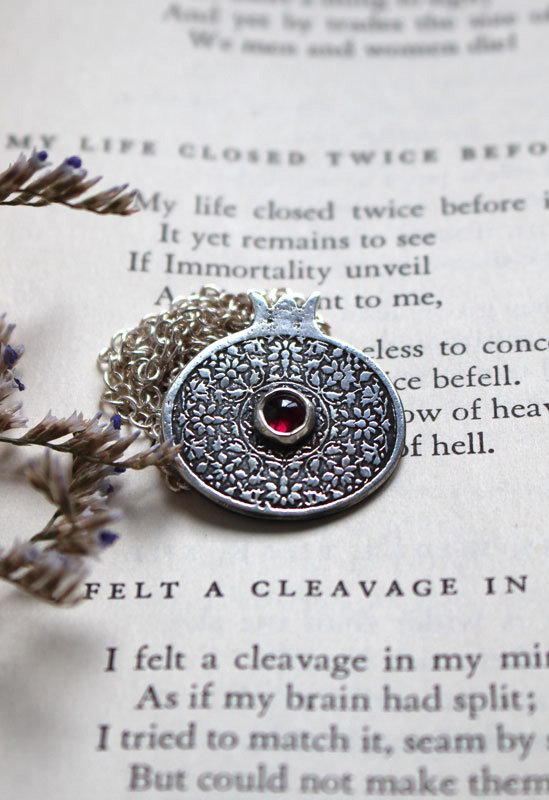 Persephone, pomegranate necklace in silver and garnet