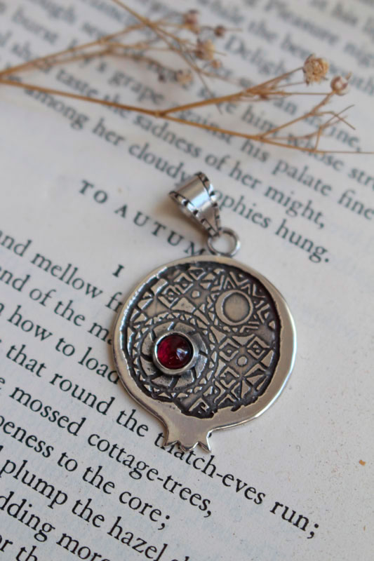 Persephone with pomegranate, Greek myth pendant in sterling silver and garnet