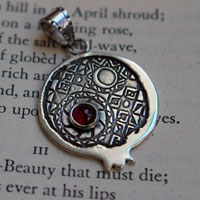 Persephone with pomegranate, Greek myth pendant in sterling silver and garnet