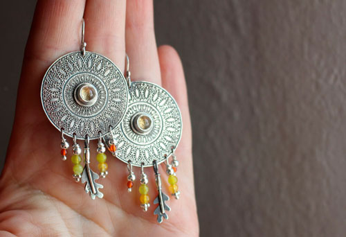 Petals from the sun, mandala earring in sterling silver, citrine and carnelian