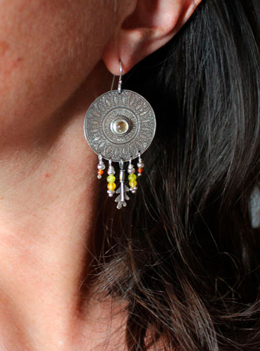 Petals from the sun, mandala earring in sterling silver, citrine and carnelian