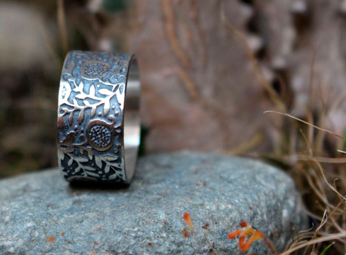 Pomegranate, etched fruit ring in sterling silver