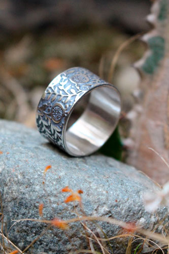 Pomegranate, etched fruit ring in sterling silver