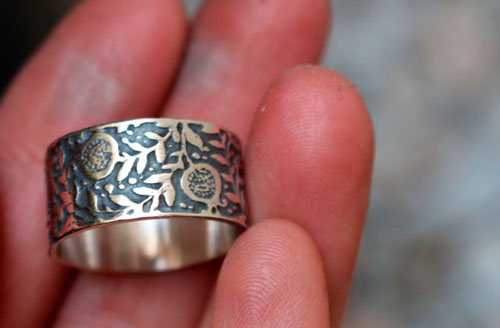 Pomegranate, etched fruit ring in sterling silver