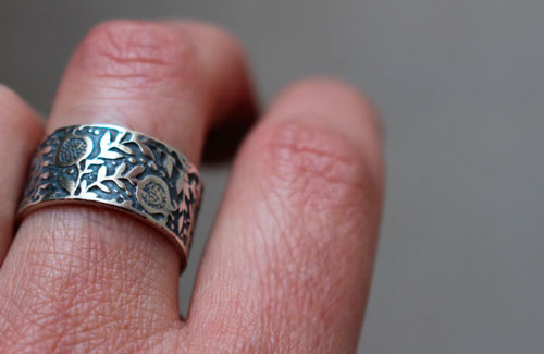 Pomegranate, etched fruit ring in sterling silver