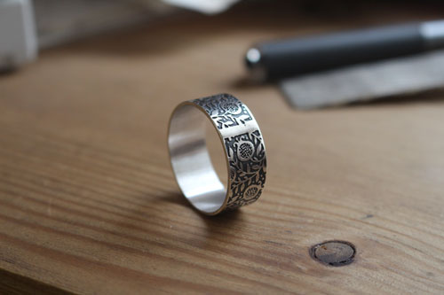 Pomegranate, etched fruit ring in sterling silver