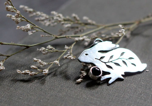 Rabbit totem, Native American spirit guide pendant in silver and onyx