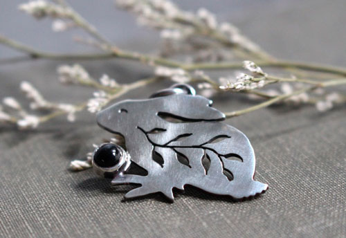 Rabbit totem, Native American spirit guide pendant in silver and onyx
