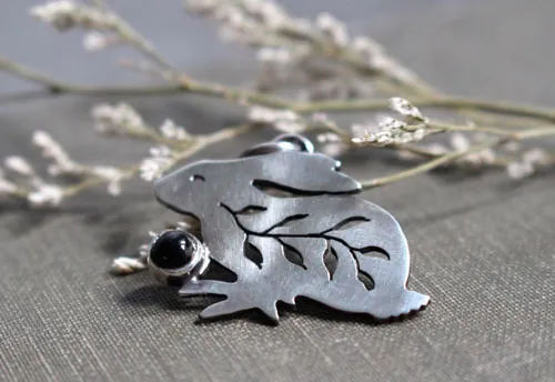 Rabbit totem, Native American spirit guide pendant in silver and onyx