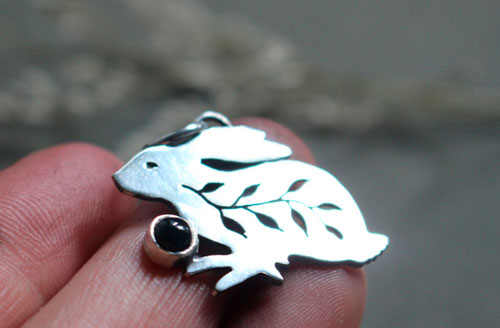Rabbit totem, Native American spirit guide pendant in silver and onyx