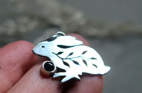 Rabbit totem, Native American spirit guide pendant in silver and onyx