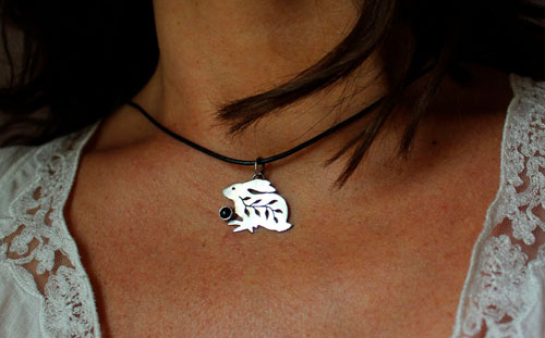 Rabbit totem, Native American spirit guide pendant in silver and onyx