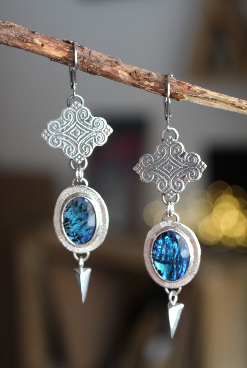 Rain, swirl cloud earrings in silver and paua