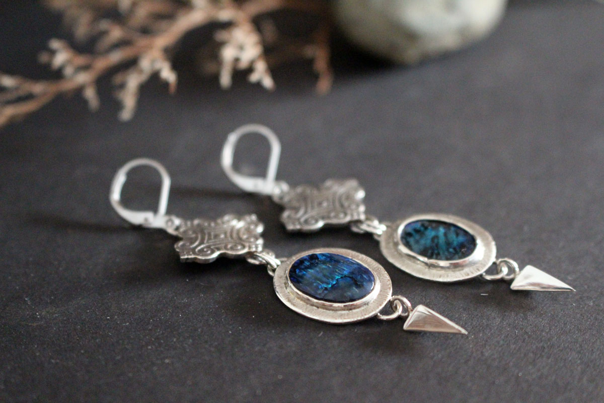 Rain, swirl cloud earrings in silver and paua