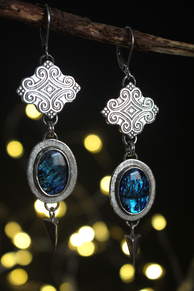Rain, swirl cloud earrings in silver and paua