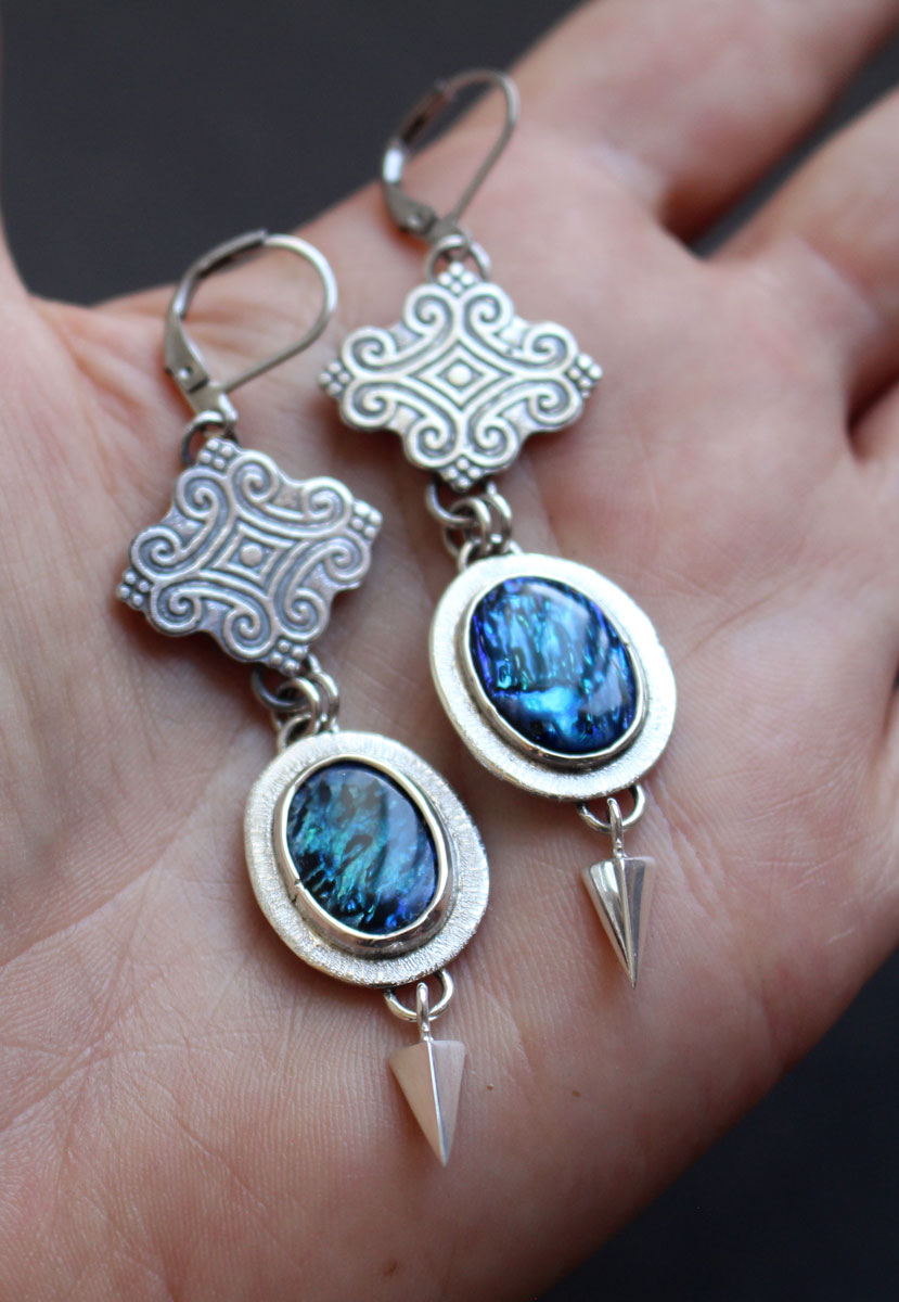 Rain, swirl cloud earrings in silver and paua