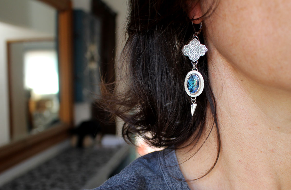 Rain, swirl cloud earrings in silver and paua