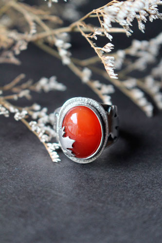 Red autumn leaf, maple leaf ring in silver and carnelian
